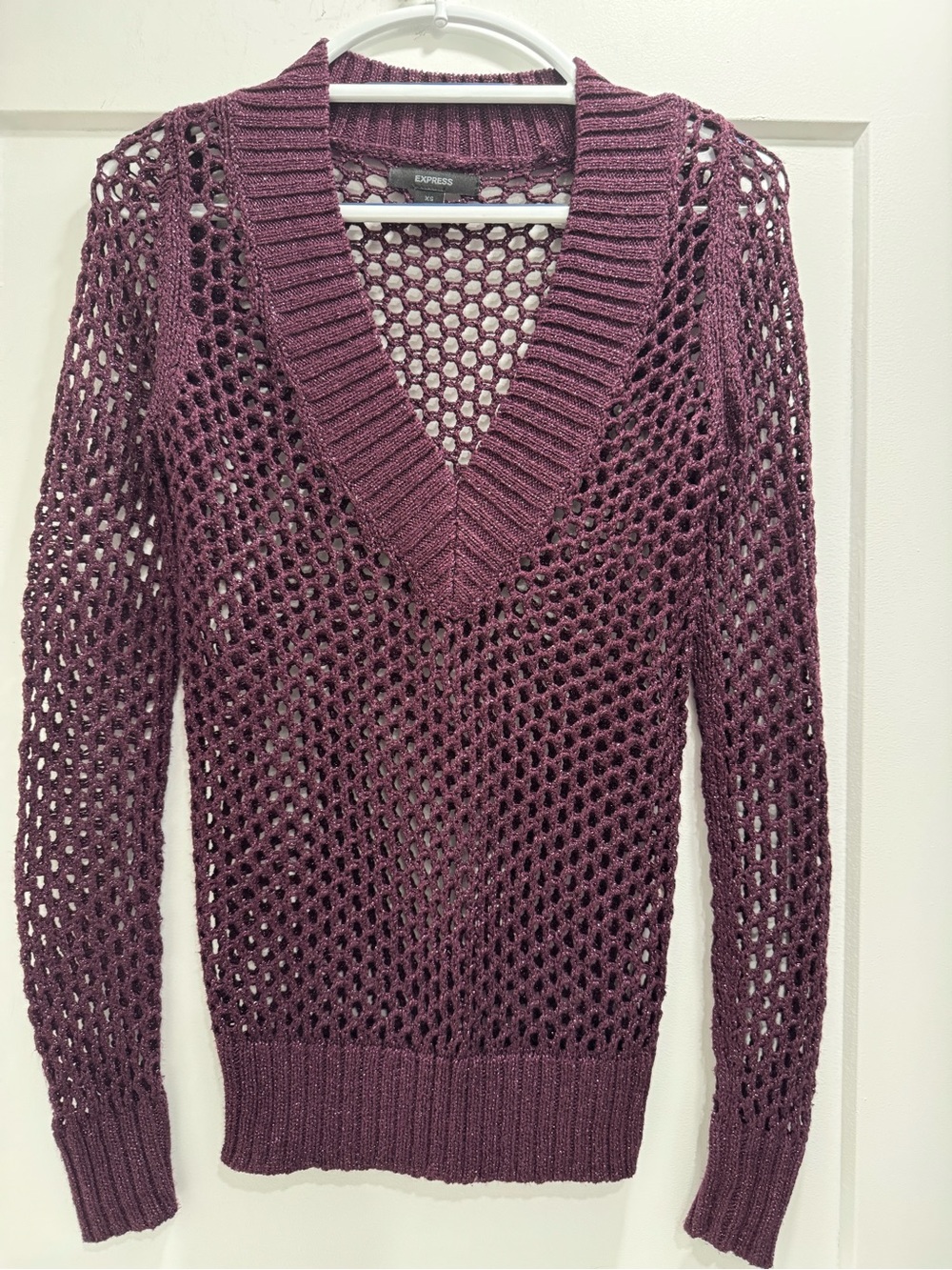 Express Women's Open-Weave V-Neck Lightly Sparkling Sweater - Plum. Size S